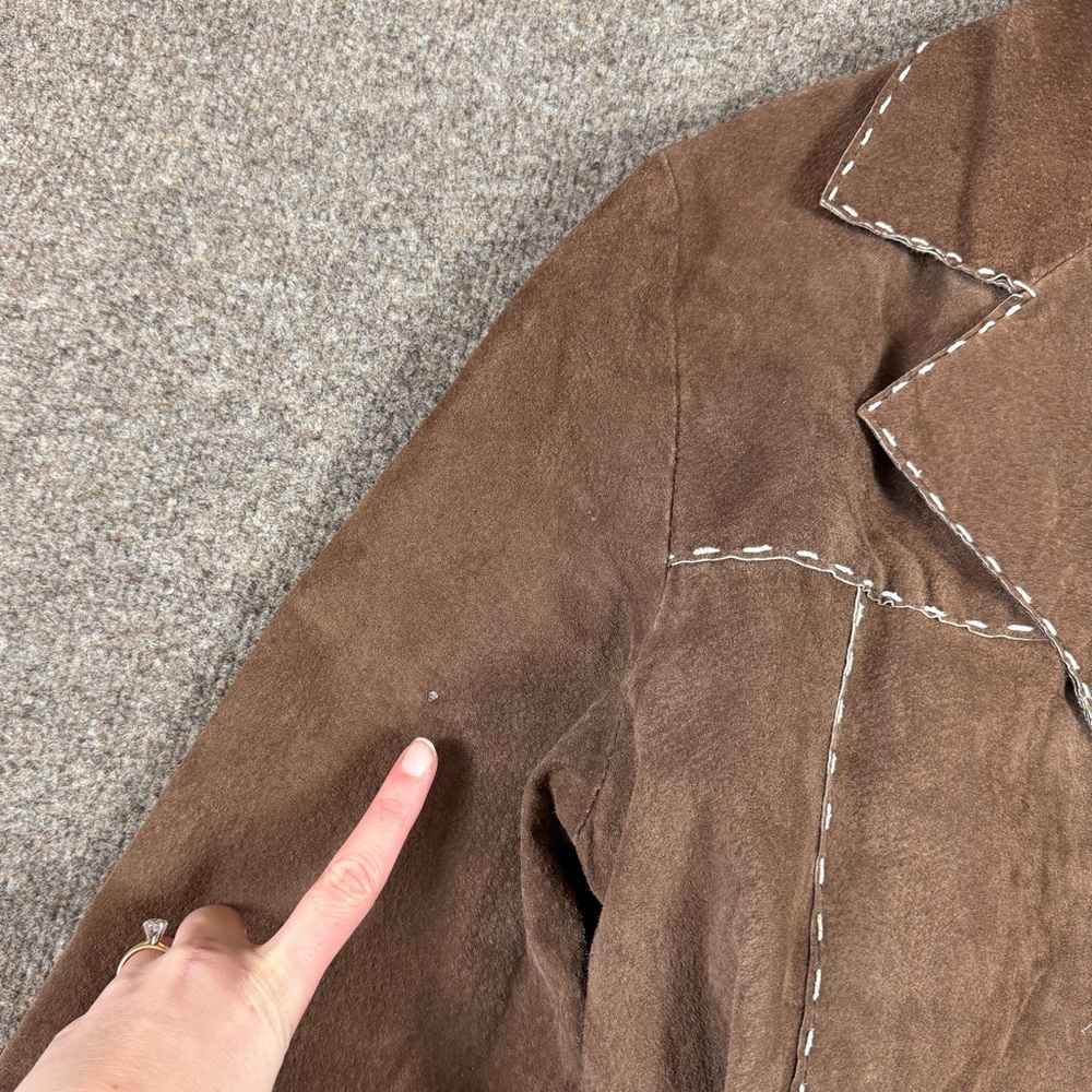Outbrook Brown Suede Leather Belted Jacket Women’s Medium Contrast Stitching Y2K - Picture 7 of 15